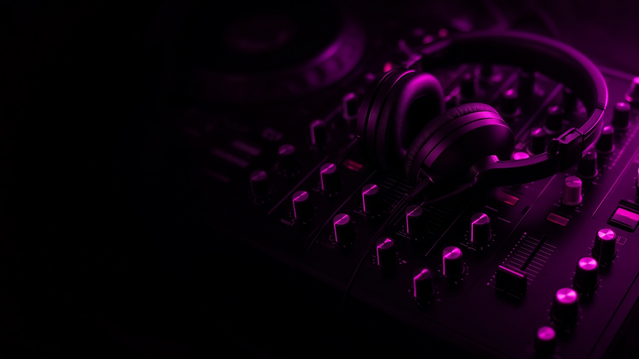 DJ mixer and headphones under pink light